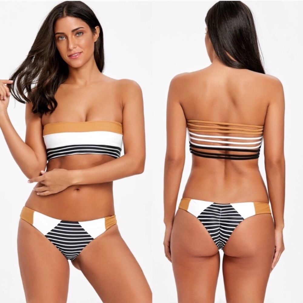 Stripe Bandeau Ruched Strappy Bikini Swimsuit - Picture 3 of 4